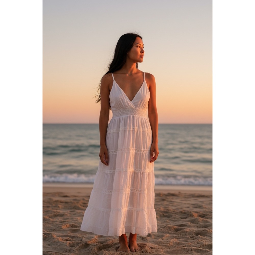 White Tiered Maxi Dress Boho Crochet Lace Smocked Waist Large - Picture 3 of 5